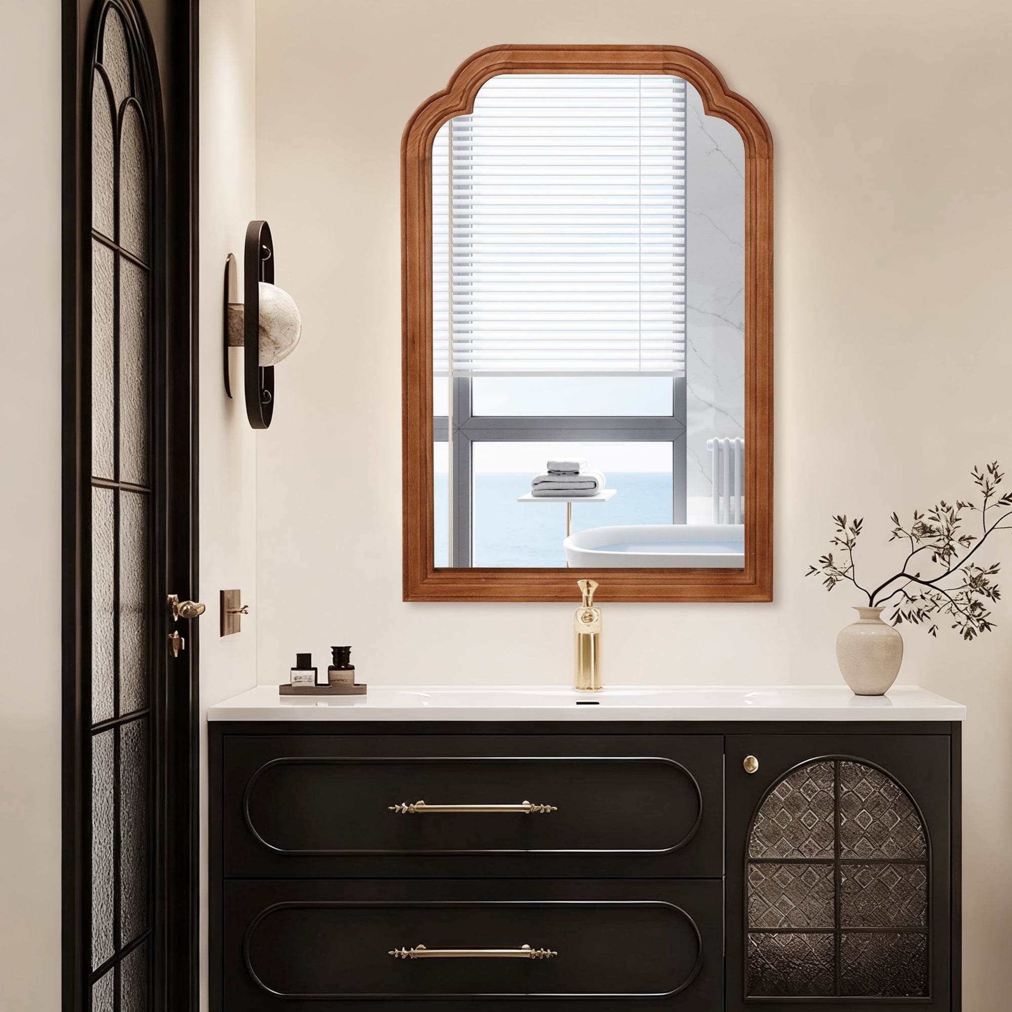 Jopath 24"x 36" Solid Wood Frame Rounded Corner Decorative Mirror, for Bedroom, Bathroom, Living Room, Entryway Yellowish Brown