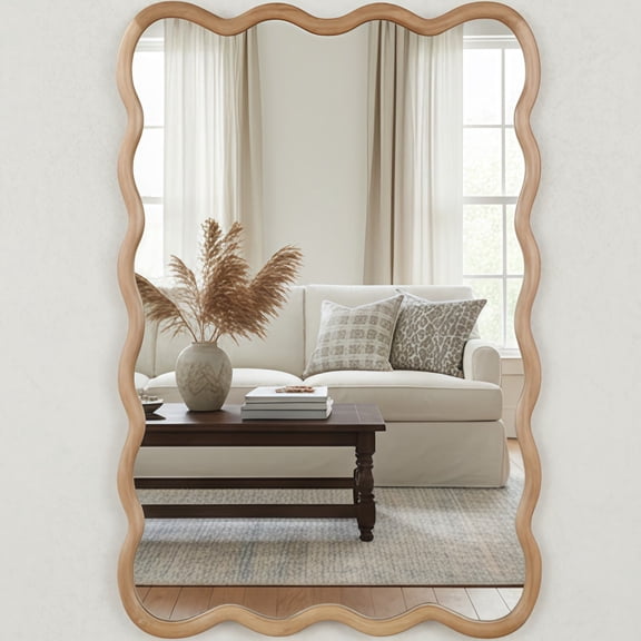 Jopath 24"x36" Wavy Rectangle Solid Wood Frame Decorative Mirror, for Bedroom, Bathroom, Living Room, Entryway Natural Wood Color