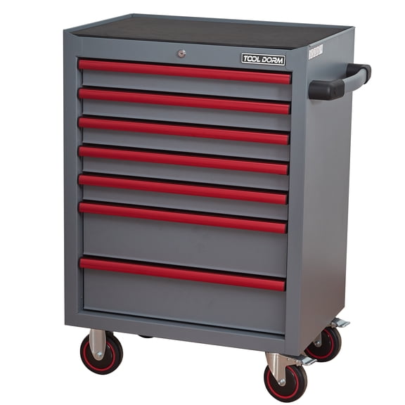Jopath 28inch 7 Drawer Tool Cabinet, Heavy-Duty Carbon Steel Rolling Tool Chest with Ball Bearing Sliders, 360° Wheels & Lock System, gary+Red for Garage/Workshop