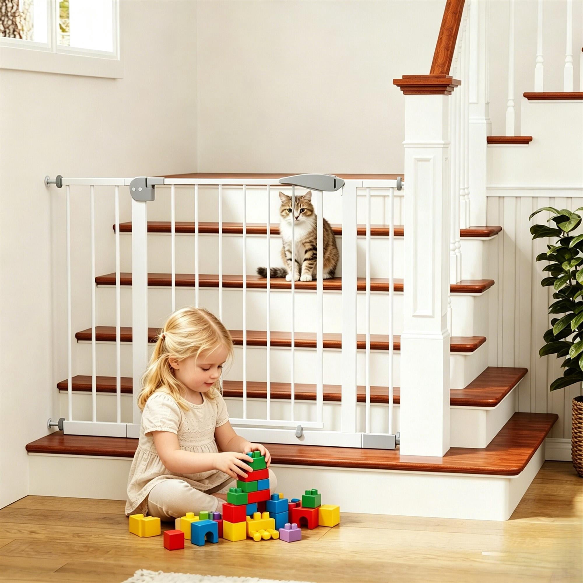Jopath 29.5-44.1" Wide Baby Gate for Stairs, Dog Gate Indoor for Doorways, No Drilling Pressure Mounted Pet Gates for Kids, Easy Walk Through Safety Gate White