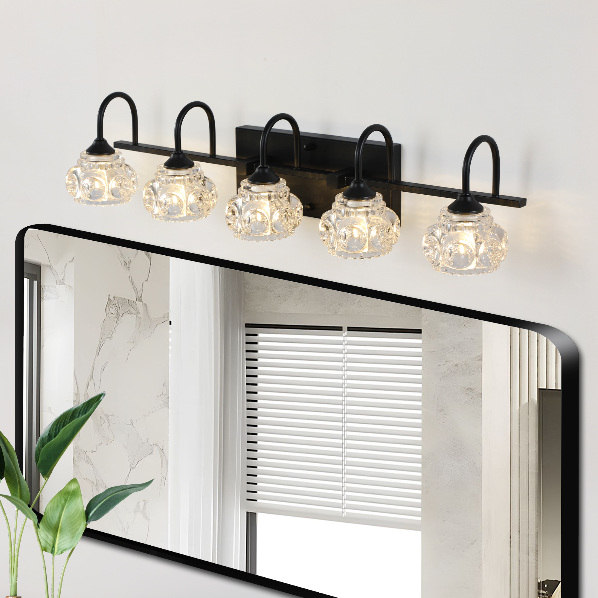 Jopath 29" Modern 5-Ligh Crystal Bathroom Vanity Light, Black Wall Sconce with Clear Glass Shade, Elegant Wall Mount Lighting for Bathroom, Powder Room, or Vanity Mirror (No Bulbs)