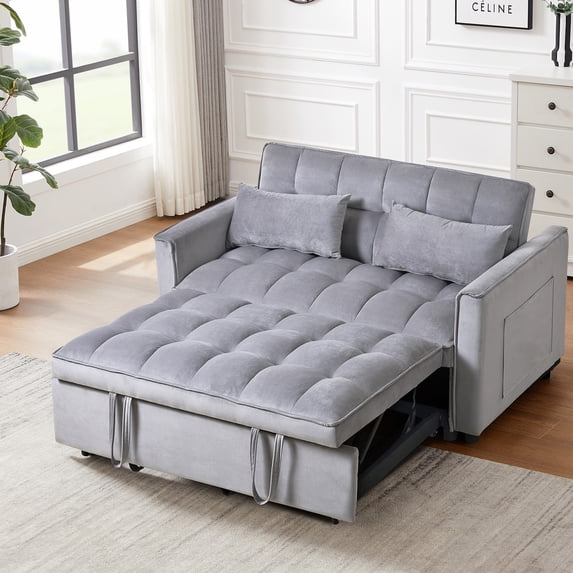 Jopath 3 in 1 Convertible Sofa Bed,Modern Pull Out Couch Slepper Bed with Adjustable Backrest,Velvet Loveseat Couch with Pillows & Pockets for Living Room Apartment Office,Gray