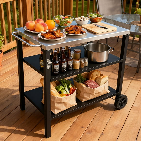 Jopath 3-Tier Bar Cart Outdoor Grill Cart with Stainless Steel Top Outdoor Rolling Kitchen Island Mobile Serving Cart for Patio, Yard 38.9''L x 21.65''W x 30.7''H