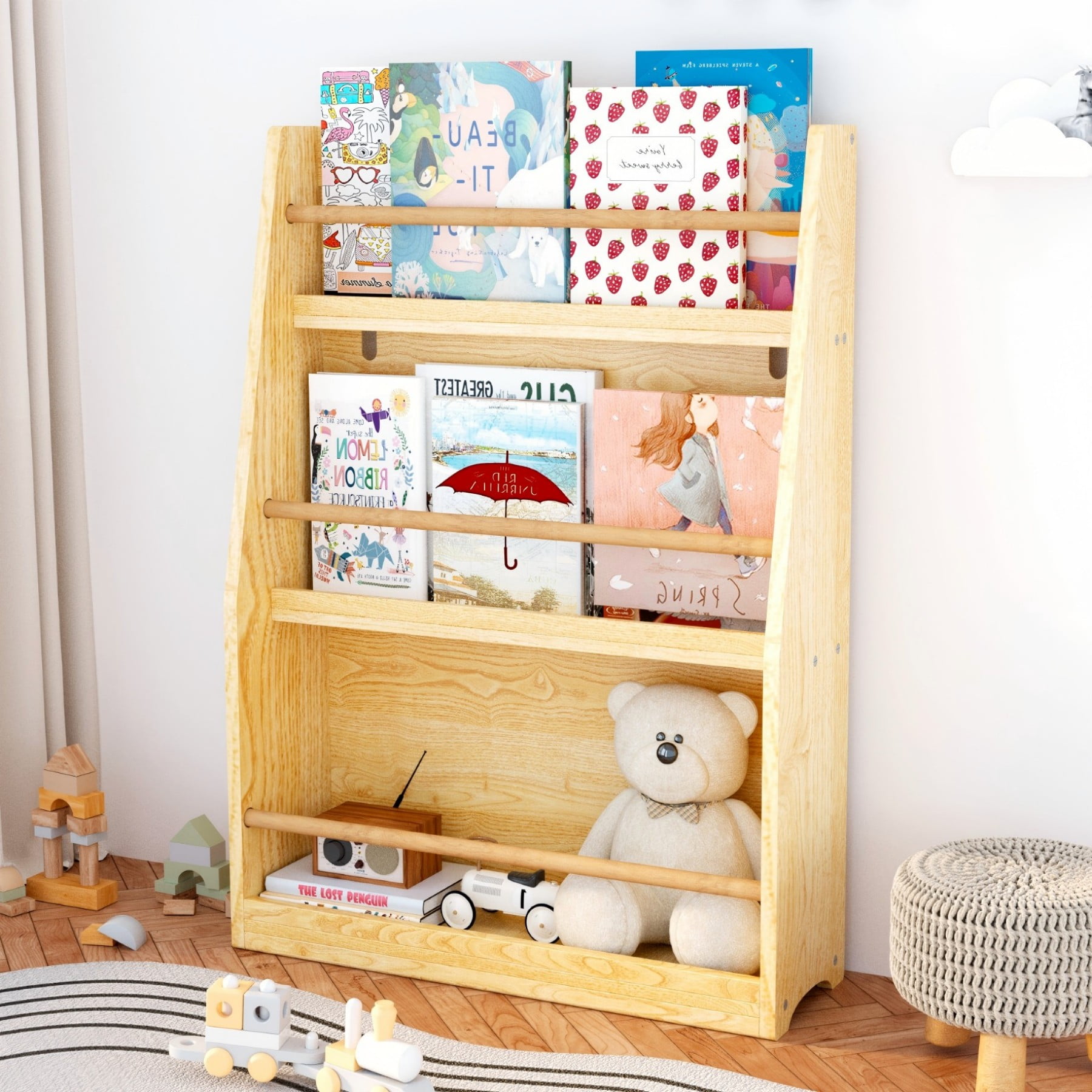 Jopath 3-Tier Bookshelf,Kids Bookshelf,Book Storage Rack for Bedroom,Natural