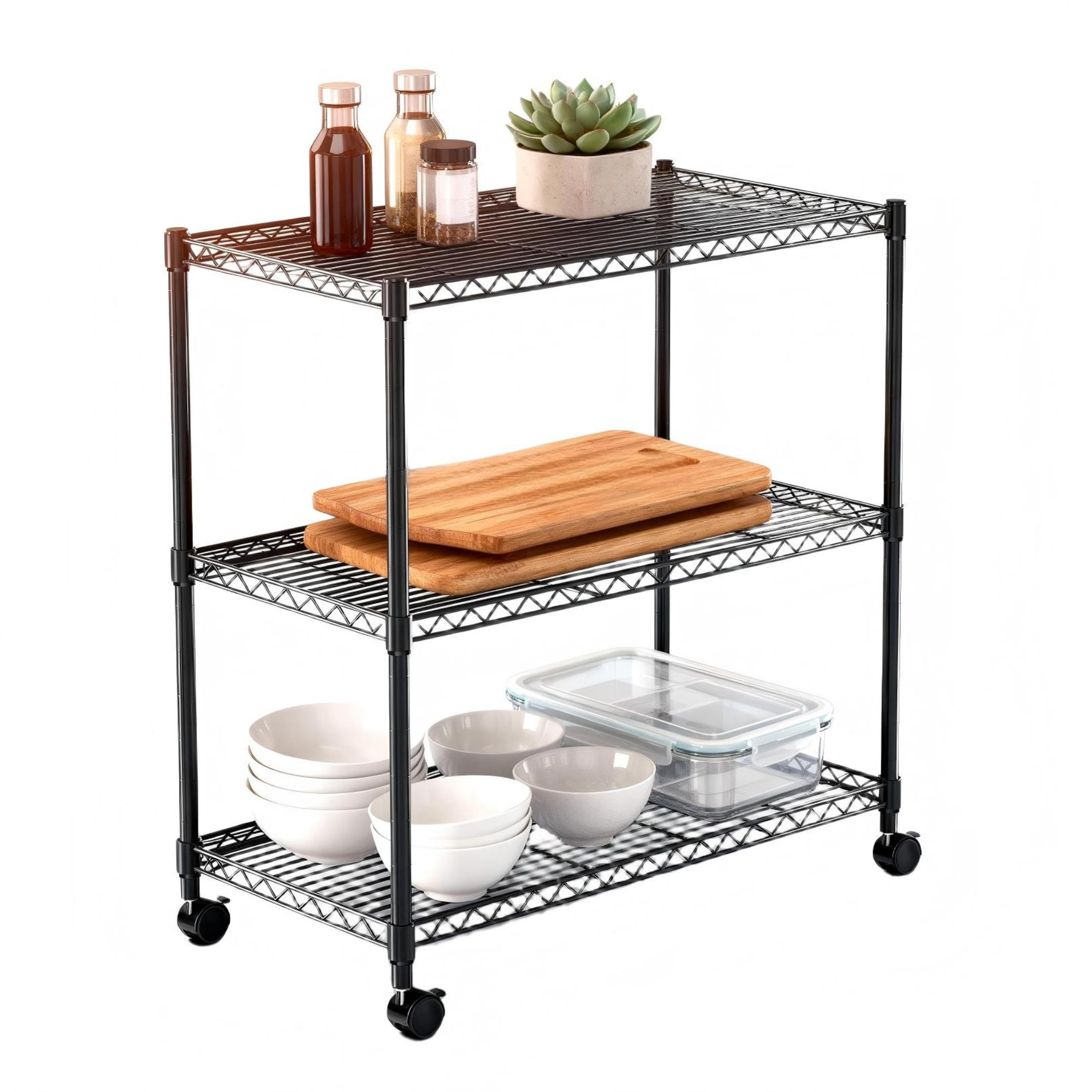 Jopath 3-Tier Shelving Storage Shelves,Steel Organizer Wire Rack with Wheels,Adjustable Storage Units,23" W x 13" D x 30" H,Black