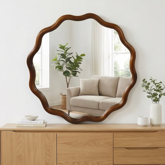 Jopath 30 Inch Wavy Round Solid Wood Frame Decorative Mirror for Bedroom Bathroom Living Room Entryway Black Walnut Color