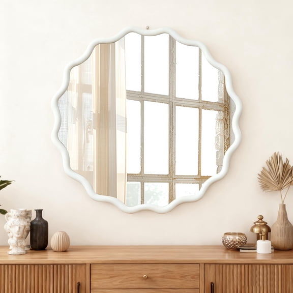 Jopath 30 Inch Wavy Round Solid Wood Frame Decorative Mirror, for Bedroom, Bathroom, Living Room, Entryway White