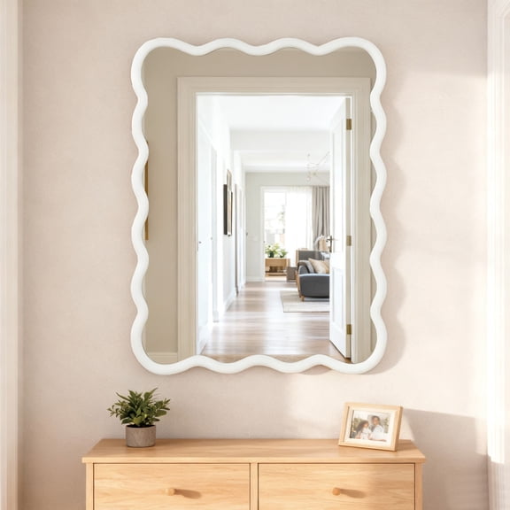 Jopath 30"x40" Wavy Rectangle Solid Wood Frame Decorative Mirror, for Bedroom, Bathroom, Living Room, Entryway White