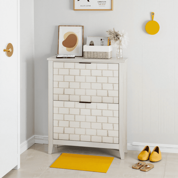 Jopath 31.5 Inch Retro White Shoe Storage Cabinet,Freestanding Shoe Cabinet, Shoe Cabinet With 2 Flip Drawers, With Adjustable Shelves Suitable For Hallway And Entryway, Staircase Corner