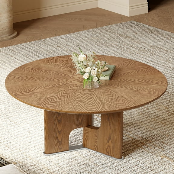 Jopath 31.5 Inches Round Rustic Ash Wood Veneer Coffee Table for Small Living Room