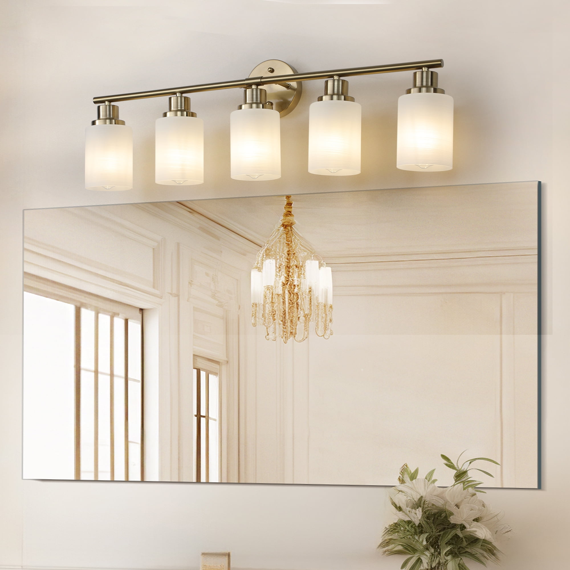 Jopath 31" Modern 5-Light Vanity Wall Sconce, Golden Finish with Frosted Glass Shades for Bathroom, Bedroom, Dressing Room or Hallway Lighting (No Bulbs)