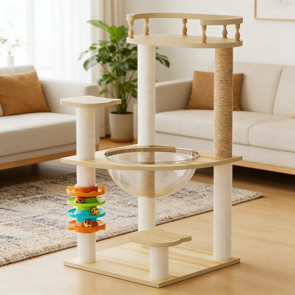 Jopath 32.2" Wood Cat Tree Tower, Cat Tree with Sisal-Covered Scratching Posts and Top Perch, Cat Condo with Acrylic Hammock for Small Large Cats