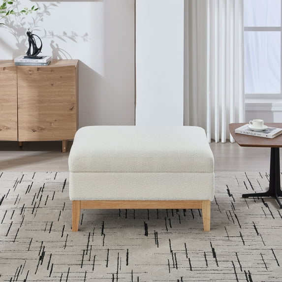 Jopath 33.86"W Upholstered Wood Base Storage Ottoman With Reversible Lid Coffee Table, Foot Stool Square Footrest with Rubberwood Legs for Living Room Bedroom Entryway and Office, Ivory Boucle.