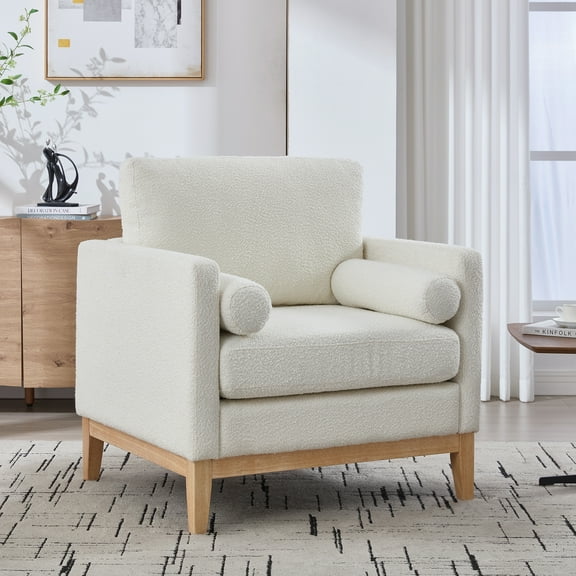 Jopath 35.4 "Wide Modern Farmhouse Performance Accent Chair with Natural Wood Legs, Wood Base Reading Armchair Single Sofa with Two Bolster Pillows for Living Room Ivory Boucle.