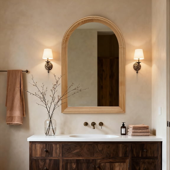 Jopath 35.43"x23.62" Arched Wood Framed Wall Mirror, Rustic Decorative Mirror for Bathroom Vanity Living Room Entryway Natural