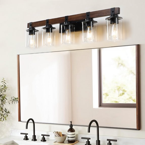 Jopath 35" Rustic 5-Light Vanity Light, Industrial Bathroom Wall Sconce with Glass Shades and Wood Accent, Modern Farmhouse Lighting Fixture for Bathroom, Bedroom, or Hallway(No Bulbs)
