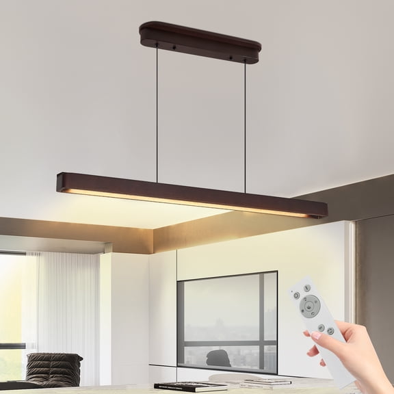 Jopath 39" Walnut Wood LED Pendant Light with Remote Control, Adjustable Hanging Ceiling Light Fixture for Dining Room Kitchen Living Room