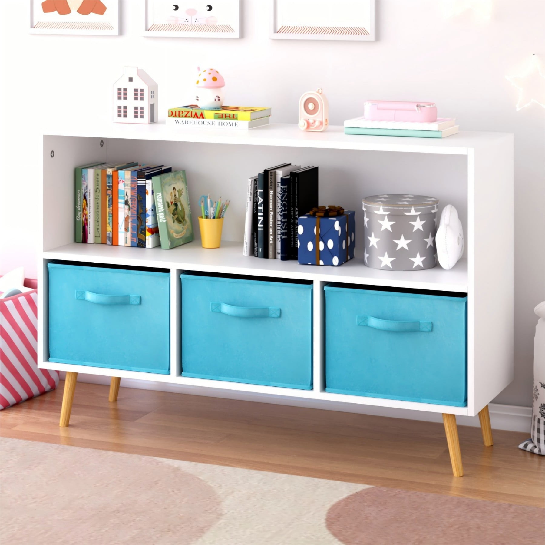 Jopath 4 Cube Kids Bookcase & Toy Storage Organizer with 3 Fabric Drawers for Playroom Storage,Blue