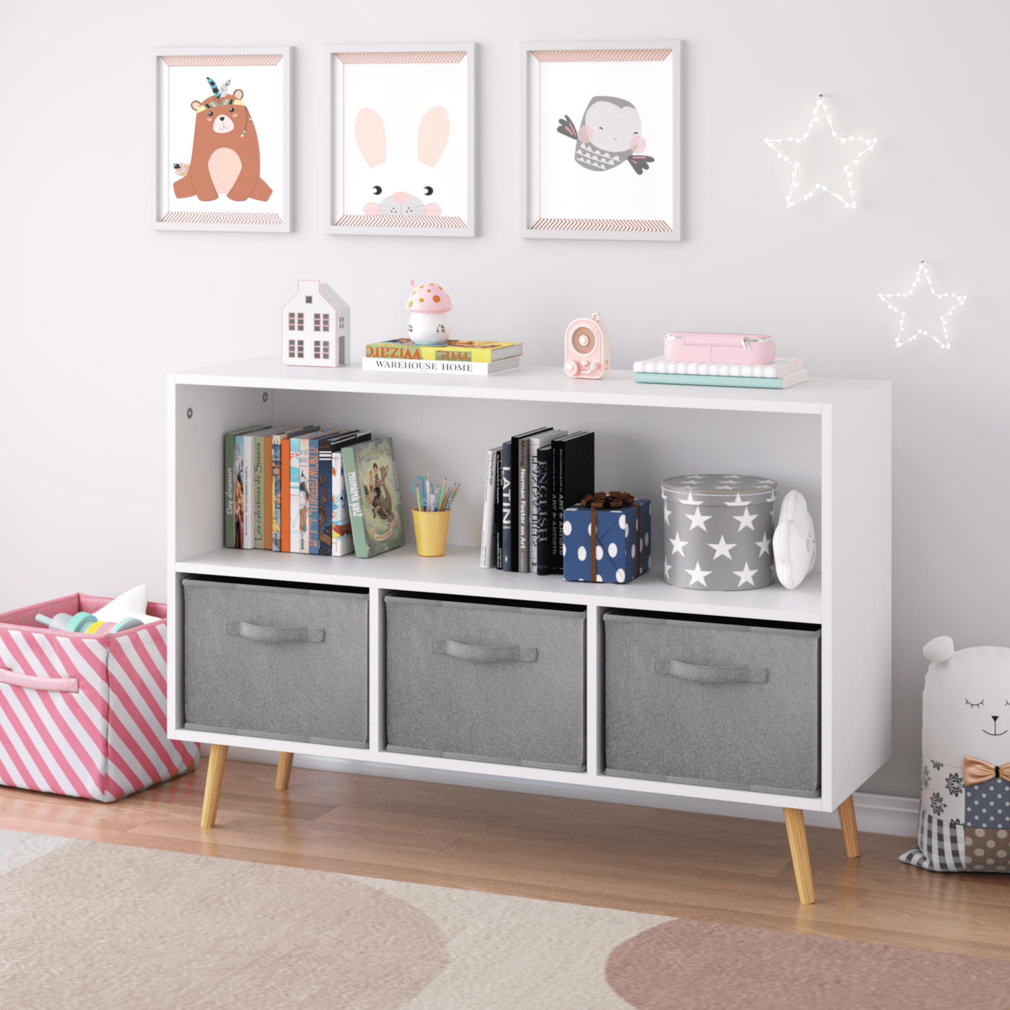 Jopath 4 Cube Kids Bookcase & Toy Storage Organizer with 3 Fabric Drawers for Playroom Storage,Gray