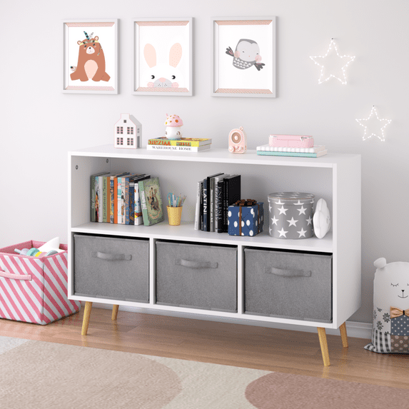 Jopath 4 Cube Kids Bookcase & Toy Storage Organizer with 3 Fabric Drawers for Playroom Storage,Gray