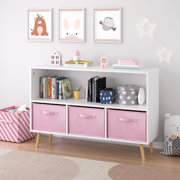 Jopath 4 Cube Kids Bookcase & Toy Storage Organizer with 3 Fabric Drawers for Playroom Storage,Pink 02