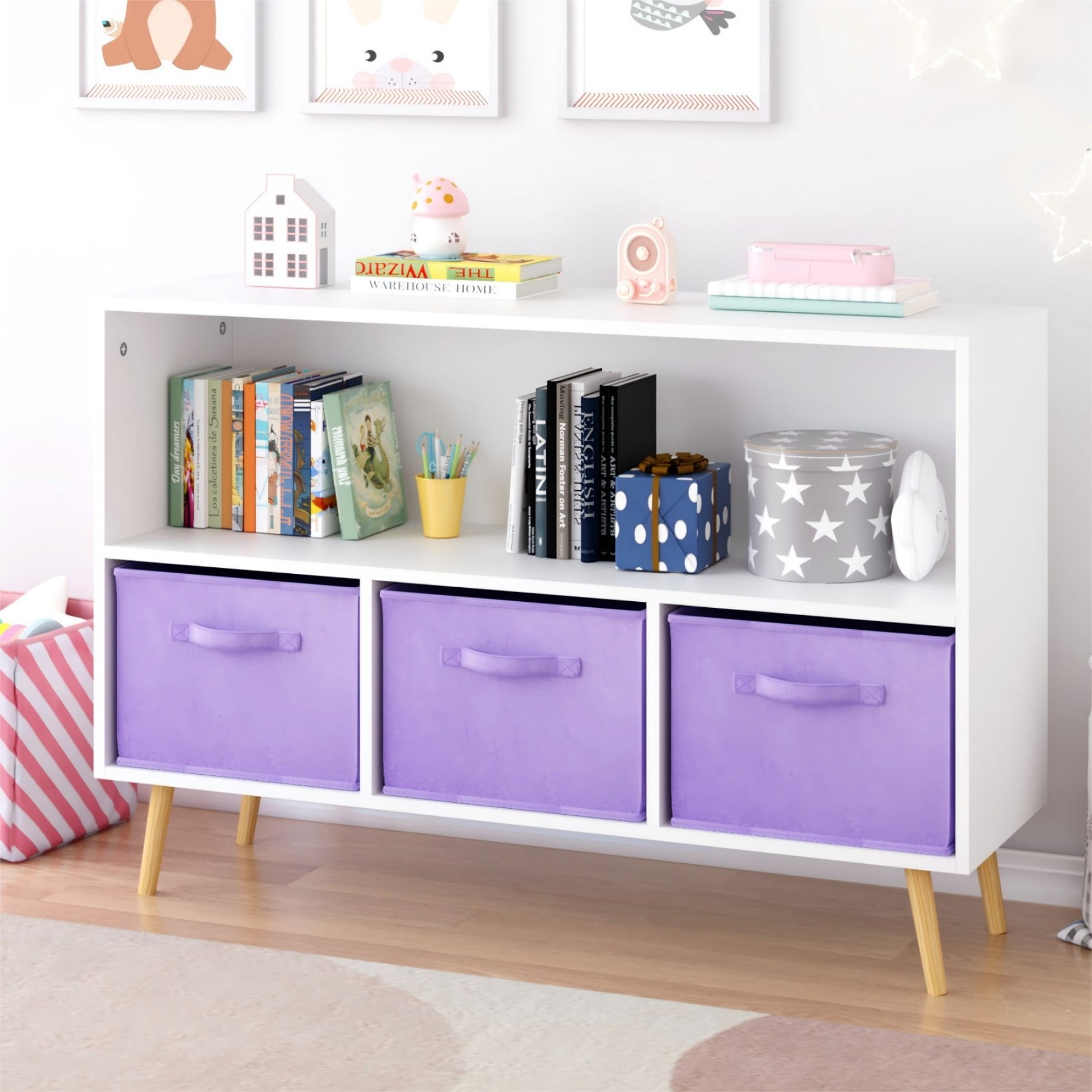 Jopath 4 Cube Kids Bookcase & Toy Storage Organizer with 3 Fabric Drawers for Playroom Storage,Purple