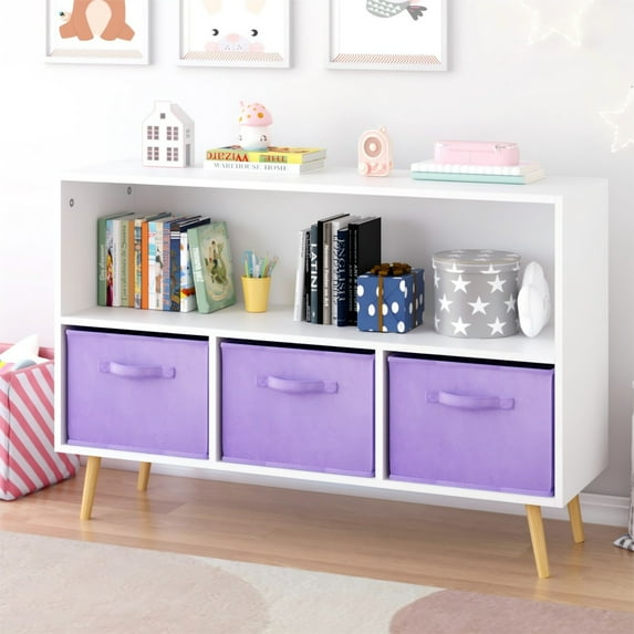 Jopath 4 Cube Kids Bookcase & Toy Storage Organizer with 3 Fabric Drawers for Playroom Storage,Purple