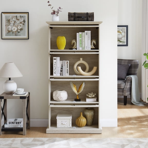 Jopath 4 Tier Display Cabinet with Flip up Glass Doors, Curio Cabinet for Collectors Showcase Toy Figure Organizers Rack Bookcase for Home Office White