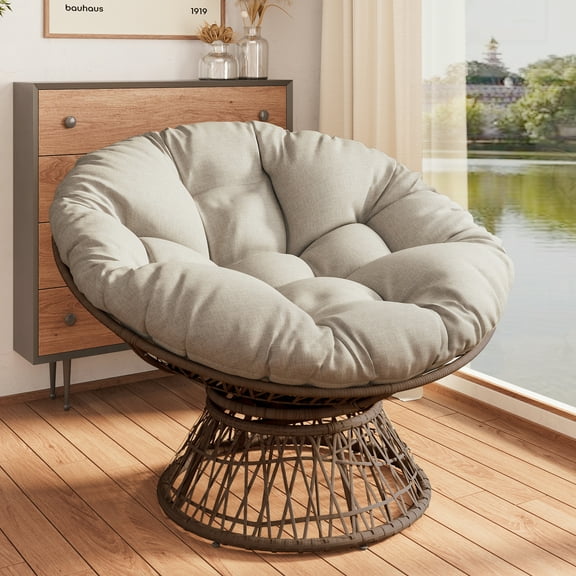 Jopath 41.5" Papasan Chair,Ergonomic Wicker Chair with Cloud Thick Fabric Cushion,360 Degree Swivel for Reading,Living Room, Bedroom,Lounge,Beige