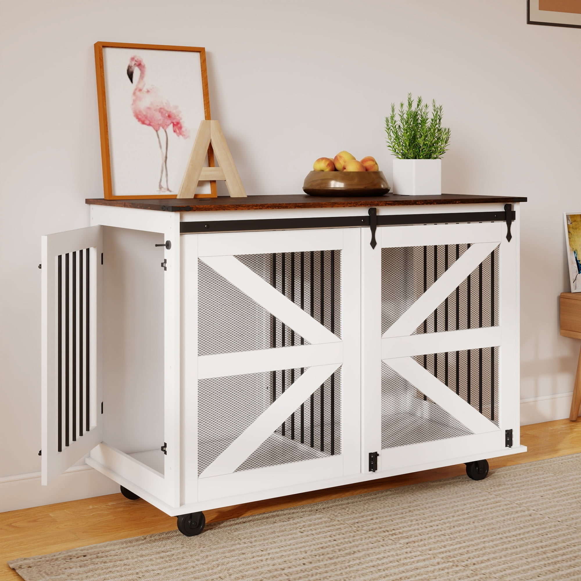 Jopath 47.2" Large Dog Crate, Wooden Dog Kennel with 2 Drawers,Divider and Sliding Door, Indoor Pets Furniture Style Double Dog Crates for Medium Small Dogs