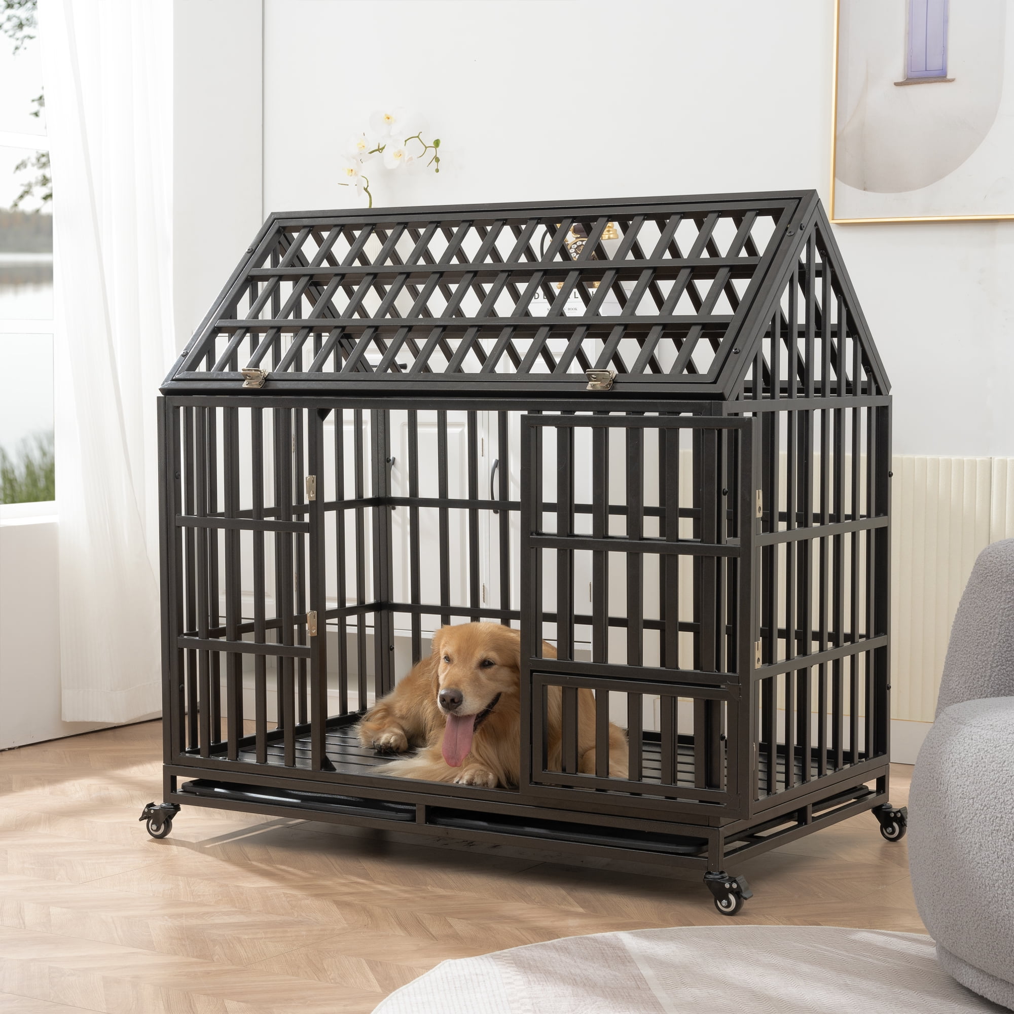 Jopath 48" Heavy Duty Dog Crate Large Dog cage with Roof & window on roof Strong Metal Dog Kennels and Crates with 4 Lockable Wheels for Large Dogs