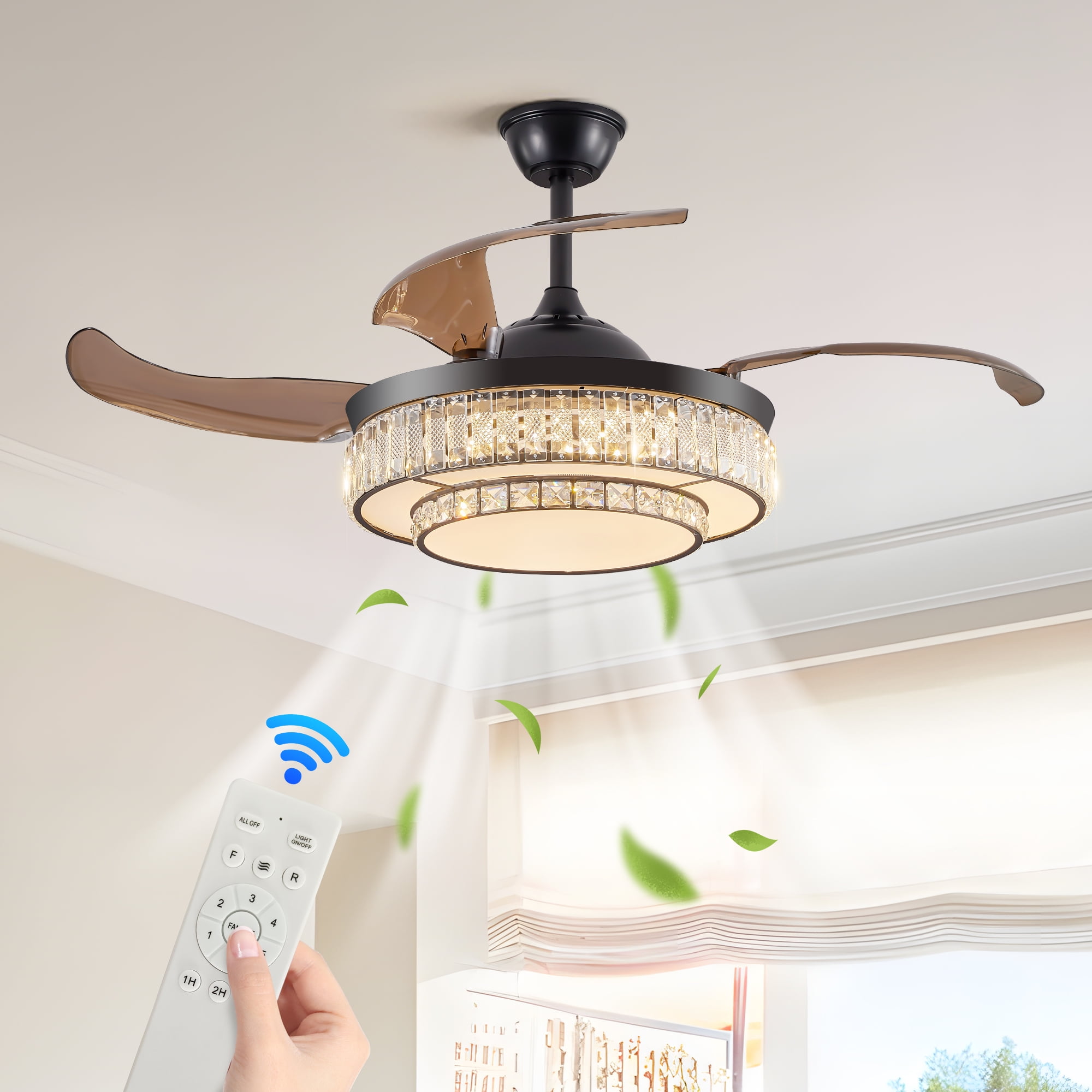 Jopath 48" Retractable Crystal Ceiling Fan with Light and Remote Control, 6-Speed Quiet ,4 Blades Modern Ceiling Fans for Kitchen Bedroom Dining Room Patio