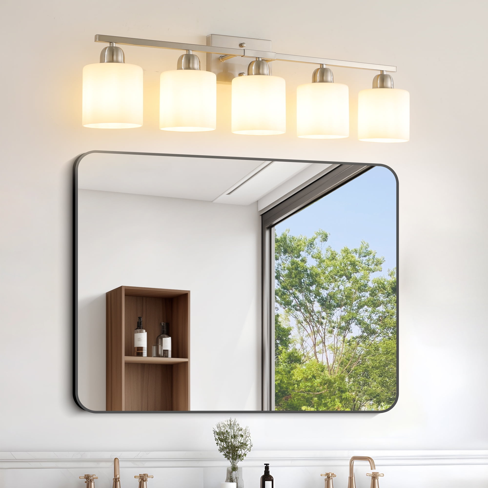 Jopath 5-Light Modern Vanity Light Over Mirror, Wall Sconces with Milky White Frosted Glass Shades for Bathroom, Hallway, or Bedroom Nickel (Bulbs Not Included)