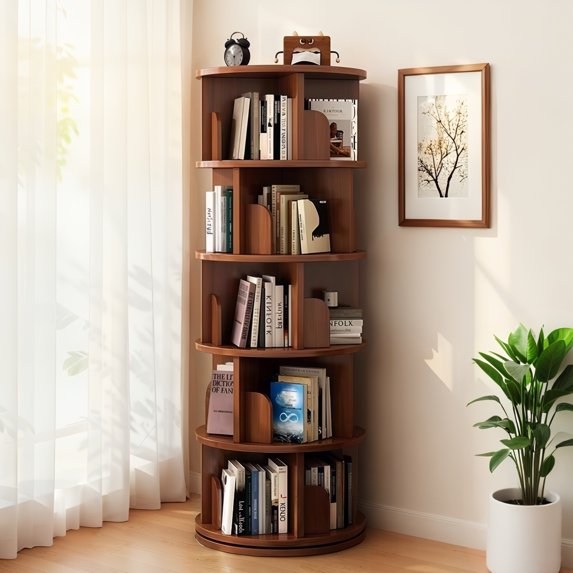 5 Tier Rotating Bookshelf, 360° Display Round Spinning Bookshelf with Wheels, Space-Saving, Small Space Rotating Bookshelf Tower for Bedroom, Living Room, Home, Office, Wood Color