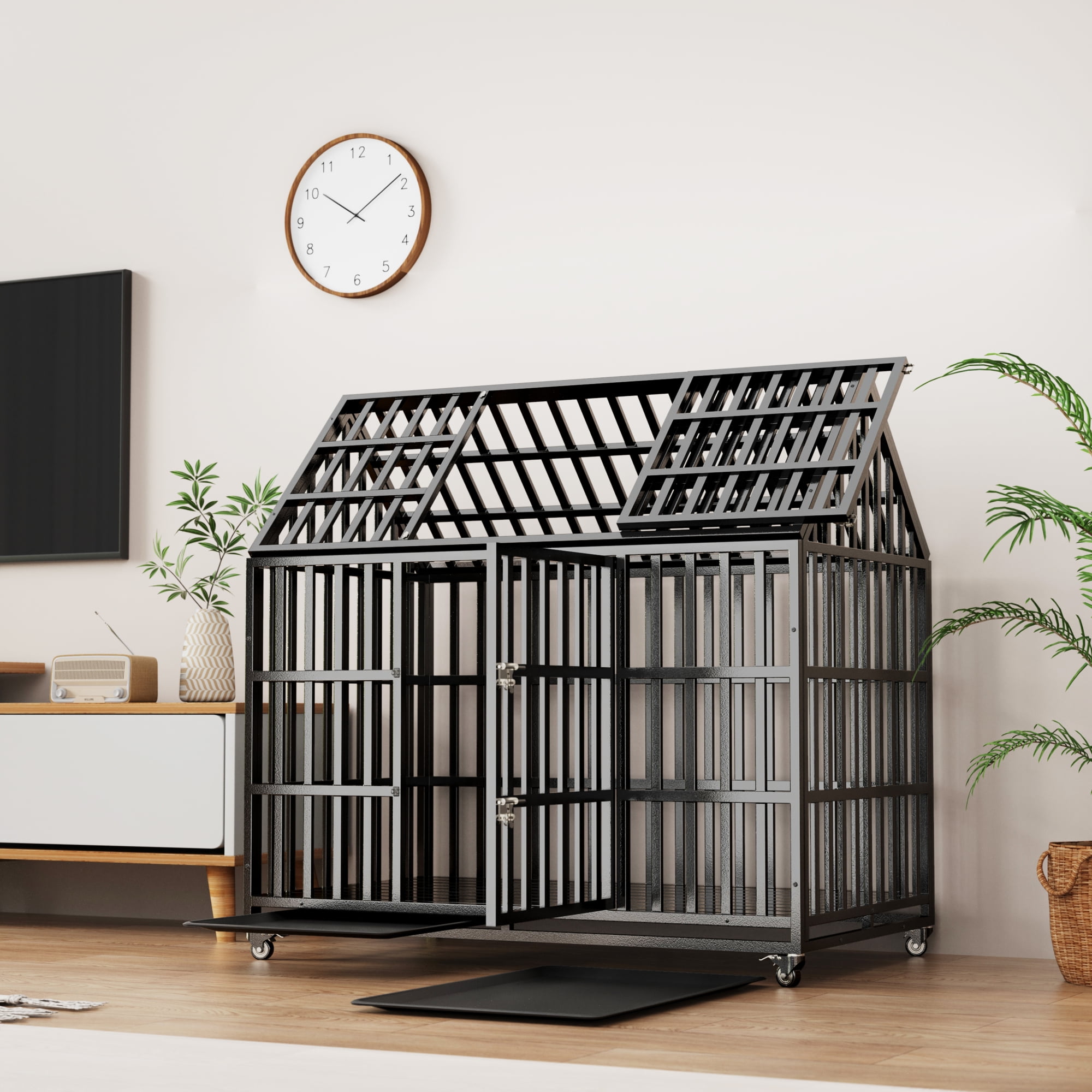 Jopath 52" Heavy Duty Dog Crate Large Dog cage with Roof & window on roof Strong Metal Dog Kennels and Crates with 4 Lockable Wheels for Large Dogs