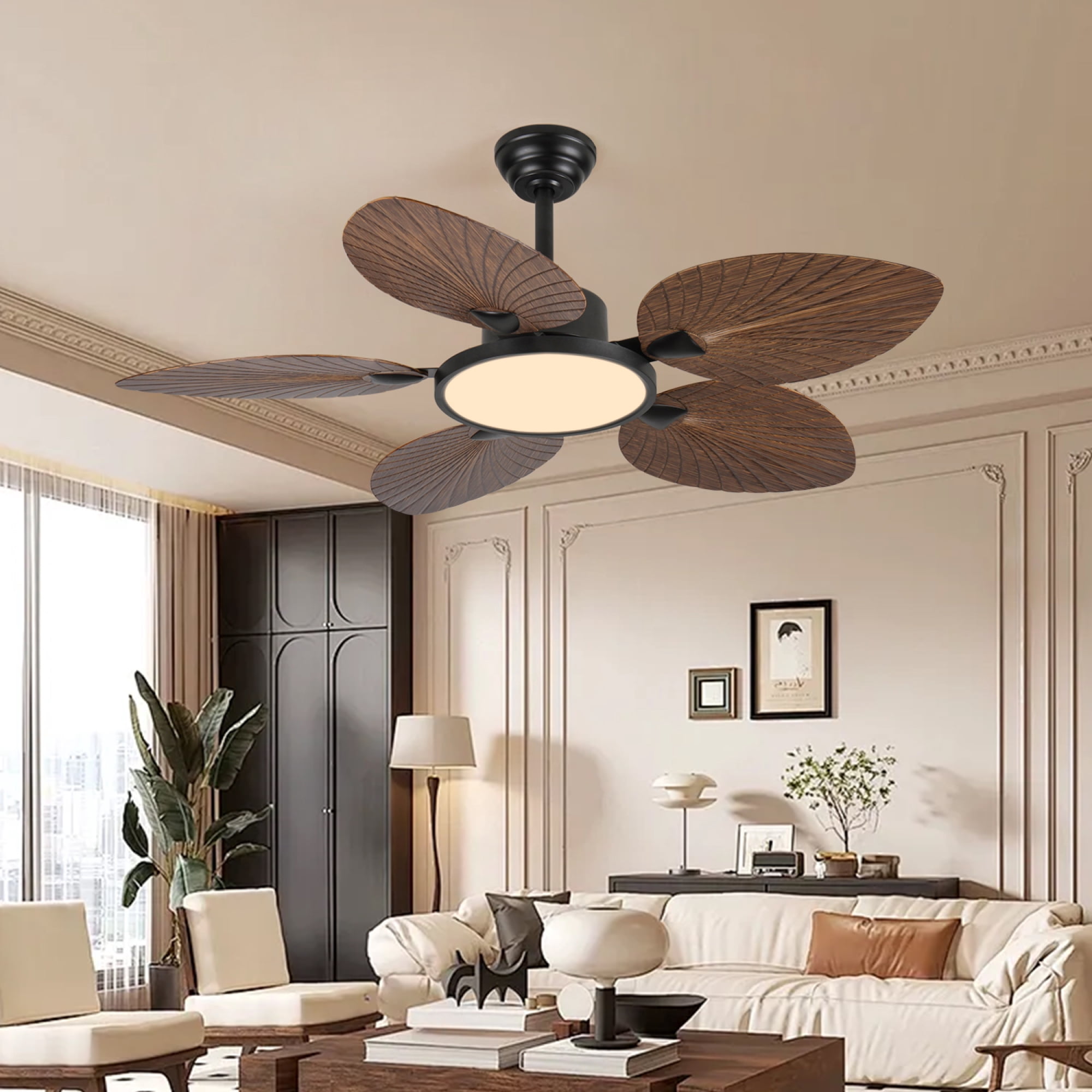 Jopath 52 Inch Tropical Palm Leaf Ceiling Fan with Lights and Remote Control,5 Blades Silent DC Motor for Bedroom Indoor/Outdoor Use Amber