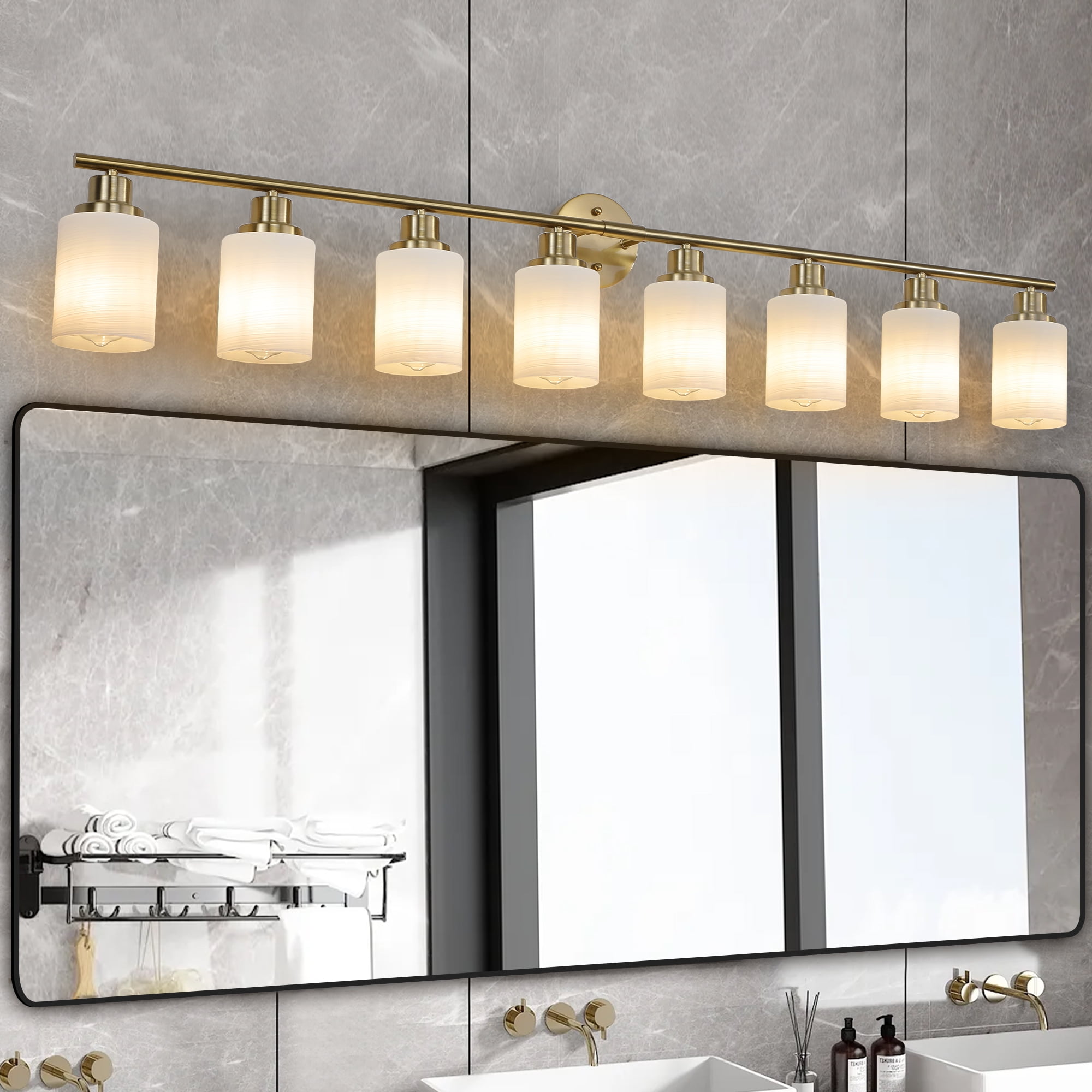 Jopath 52" Modern 8-Light Vanity Wall Sconce, Golden Finish with Frosted Glass Shades for Bathroom, Bedroom, Dressing Room or Hallway Lighting (No Bulbs)
