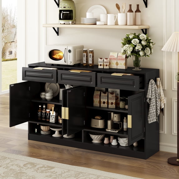 Jopath 59.1" Farmhouse Sideboard with 3 Drawers and 4 Doors, Multi-Functional Storage Buffet with Adjustable Shelf and Open Storage Compartments for Dining Room Living Room Entryway Black