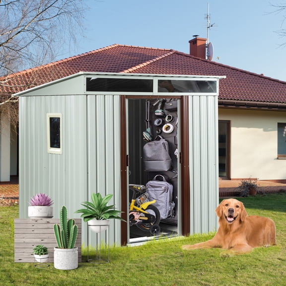 Jopath 5ft x 6ft Outdoor Storage Shed with Window and Metal Foundation, Heavy Duty Metal Shed Garden Tool Shed with Lockable Door for Backyard, Patio White