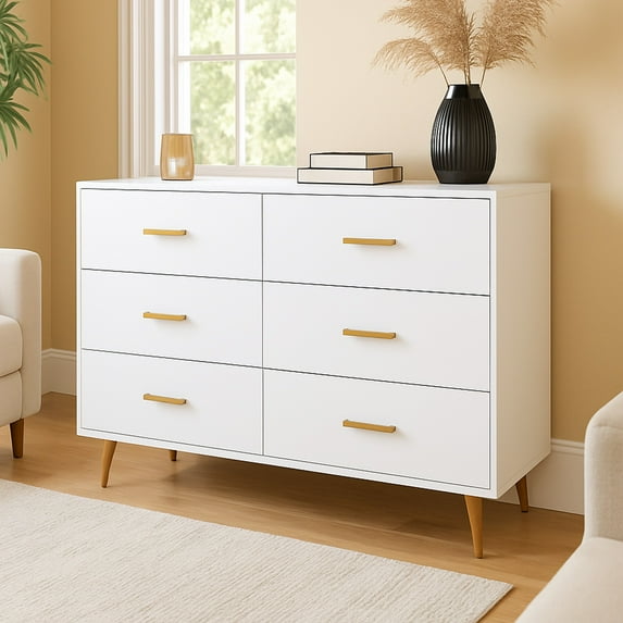 Jopath 6-Drawers Dresser for Bedroom,Modern High Glossy Surface Chest of Drawer with Golden Steel Legs,Wood Storage Organizer for Living Room,White