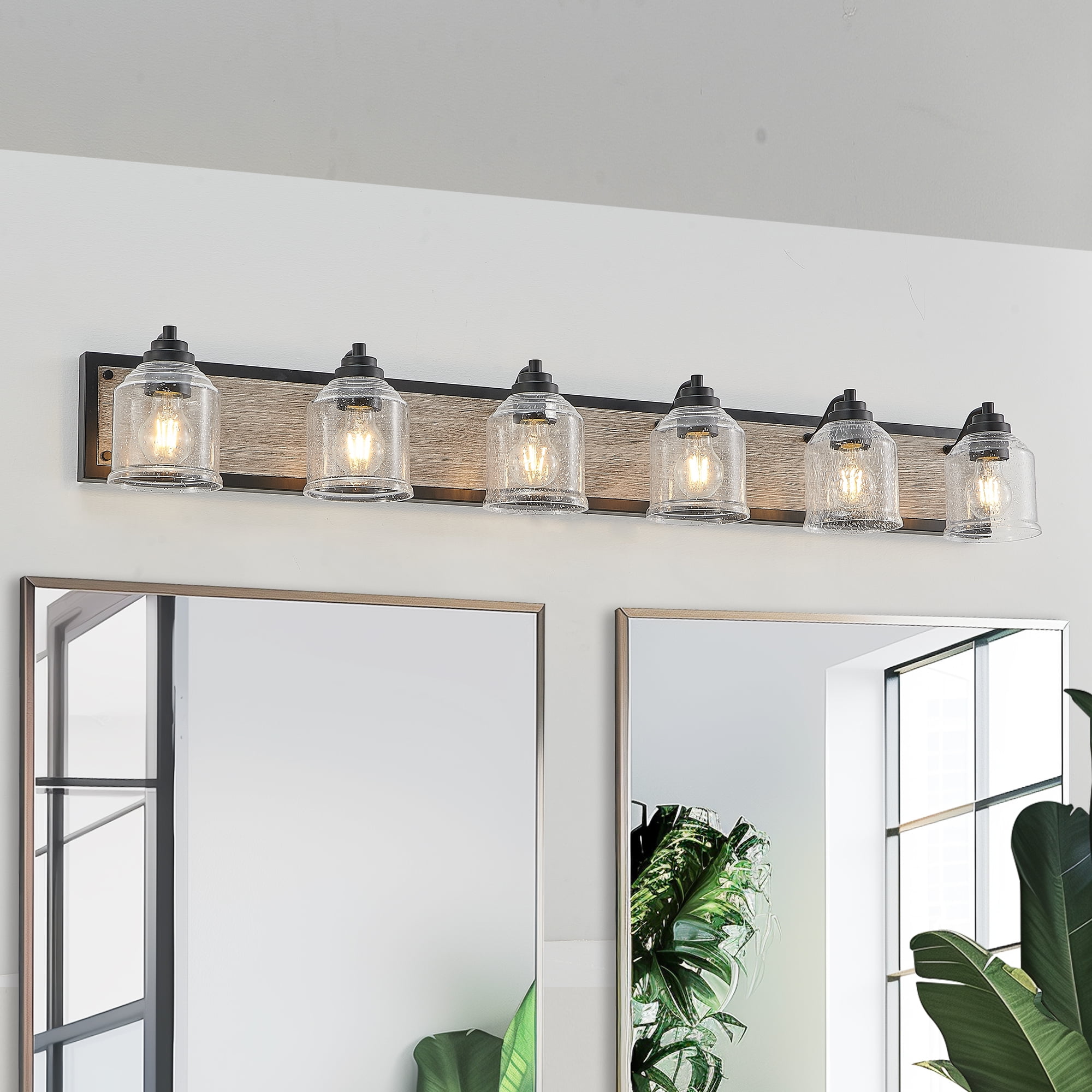 Jopath 6-Light Bathroom Wall Sconce, Farmhouse Vanity Light Fixture with Clear Seeded Glass Shades, Black and Wood Grain Finish, Modern Industrial Design for Bathroom or Powder Room (No Bulbs)