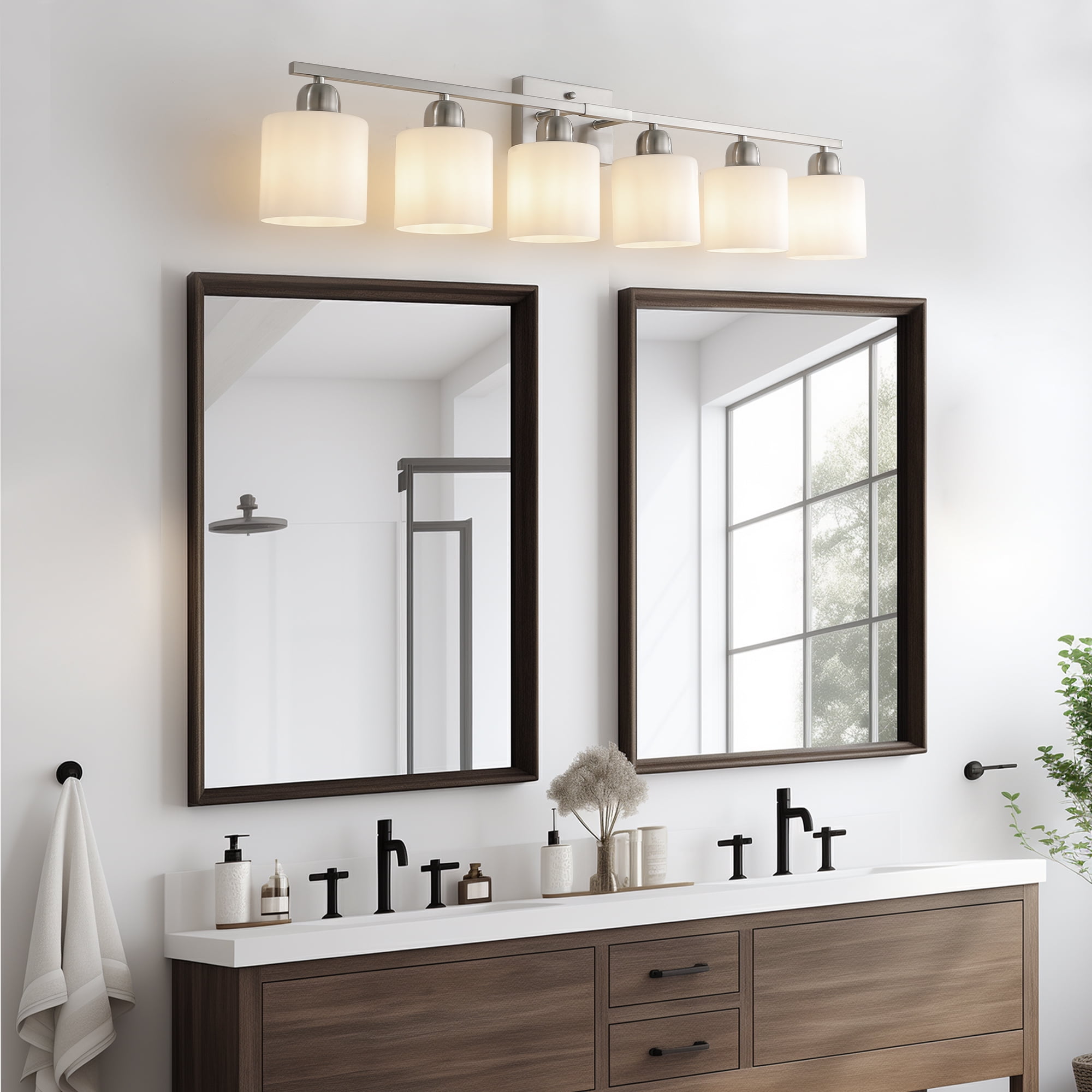 Jopath 6-Light Modern Vanity Light Over Mirror, Wall Sconces with Milky White Frosted Glass Shades for Bathroom, Hallway, or Bedroom Nickel (Bulbs Not Included)