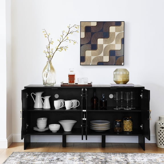 Jopath 60" Mid Century Modern Sideboard Buffet Cabinet with Storage, TV Media Console with Geometric Pattern & Adjustable Shelves for Kitchen Dining Living Room Entryway Hallway Black