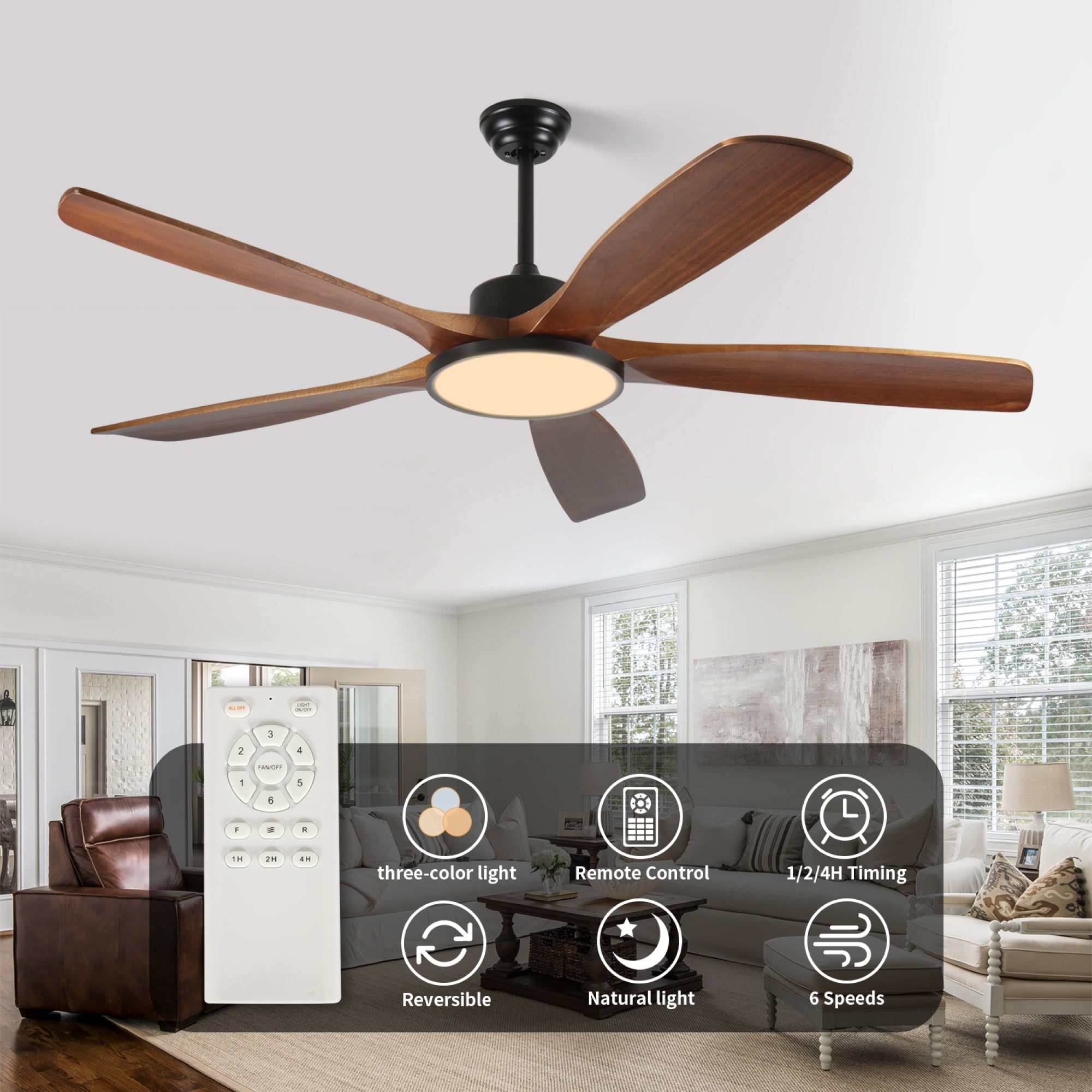 Jopath 62-inch Large Outdoor Ceiling Fan with Light and Remote Control with Three-Color Dimming, 5 Reversible Wooden Blades for Garden, Patio, Farmhouse, Living Room and Bedroom