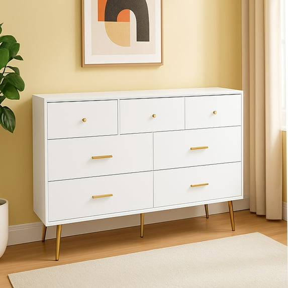 Jopath 7-Drawer Dresser for Bedroom,Large Chest of Drawer Cabinet with Golden Handle & Golden Legs for Living Room,White