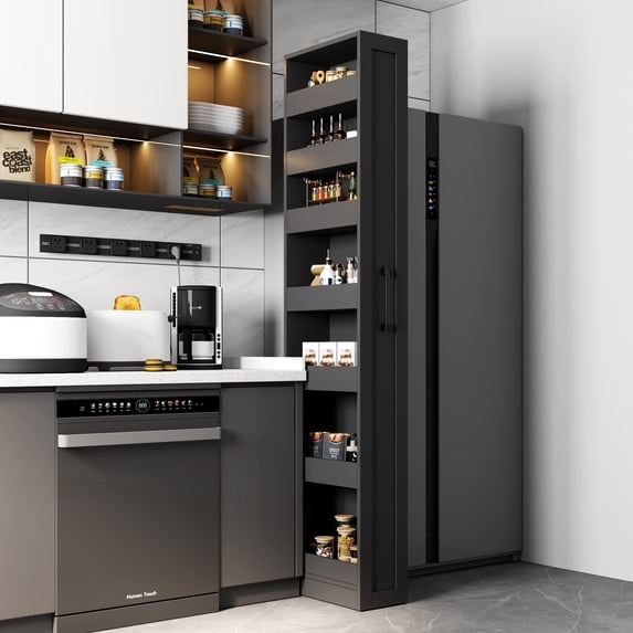 Jopath 7 Tier Pull-Out Multi-Tier Storage with Handle and Wheels, Single-Sided Open Shelf Multi-Functional Storage for Kitchen Living Room Narrow Spaces Black