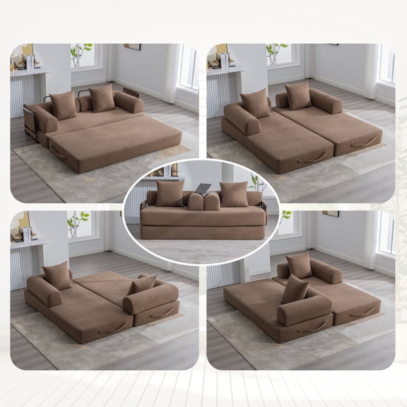 Jopath 79" Convertible Sofa Bed with Fixed-Shape Frame & Removable Armrests, Modular Corduroy Sleeper Sofa with 2 Pillows,Folding Mattress Couch for Small Spaces - No Assembly Needed,Brown