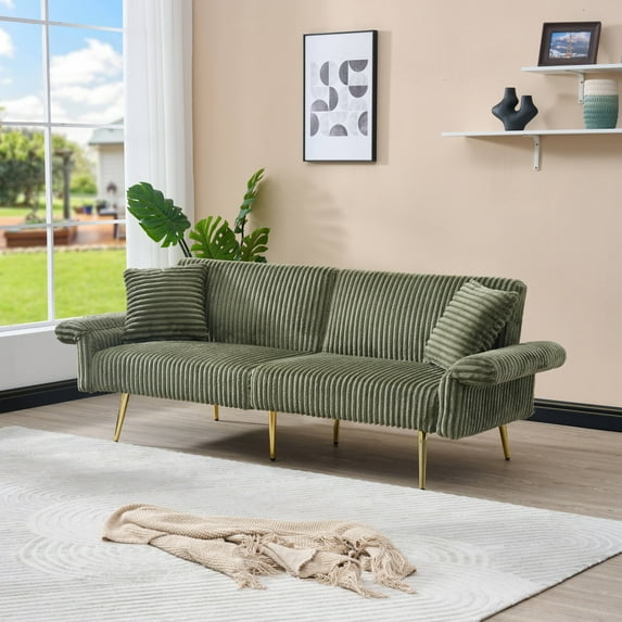 Jopath 79 inch Modern Convertible Sofa Bed,Corduroy Upholstered Futon Couch with Adjustable Armrests for Small Spaces,Living Room,Green