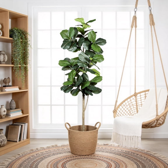 Jopath 7FT Artificial Fiddle Leaf Fig Tree with Black Plastic Pot,Pot Natural Trunk Realistic Leaves Faux Floor Plant For Home House Office Decor Indoor