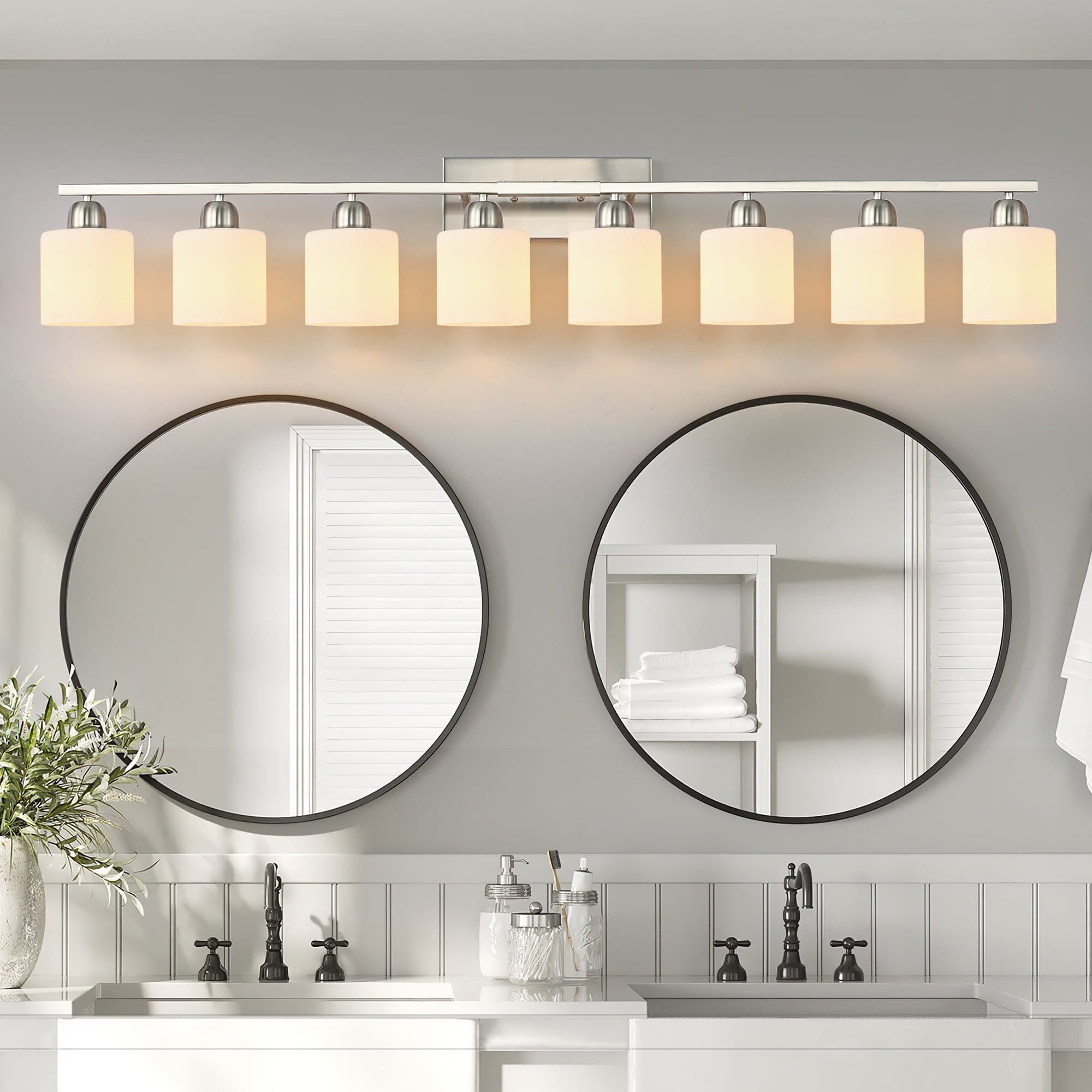Jopath 8-Light Modern Vanity Light Over Mirror, Wall Sconces with Milky White Frosted Glass Shades for Bathroom, Hallway, or Bedroom Nickel (Bulbs Not Included)